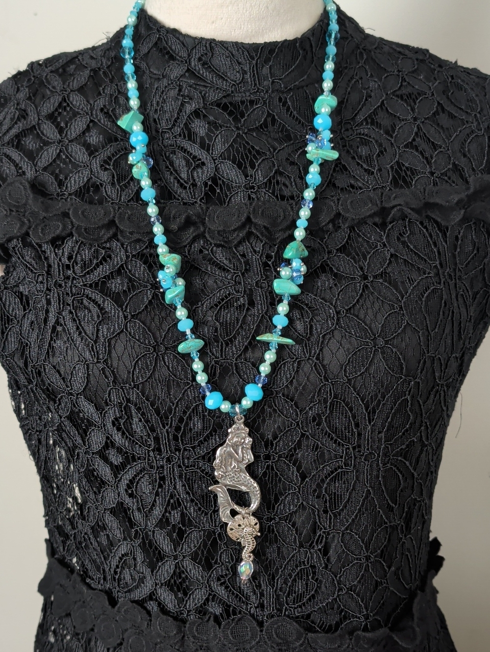 One of a Kind Vintage You & I Mermaidcore Necklace Glass Crystal & Gemstones